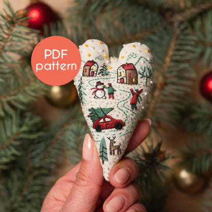 Heart-Shaped Christmas Ornament Embroidery Pattern - DIY PDF Design with Video Stitch Tutorials