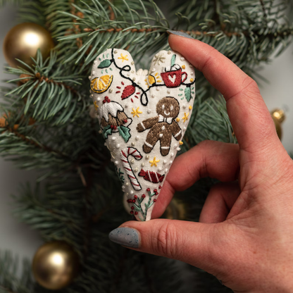 Heart-Shaped Christmas Ornament Embroidery Pattern – DIY PDF with Video Tutorials for Stitches