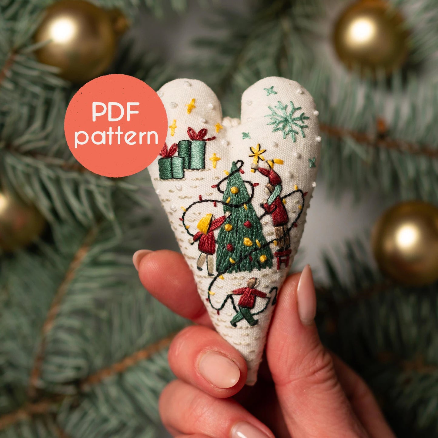 Heart-Shaped Christmas Ornament Embroidery Pattern – DIY PDF with Video Stitch Tutorials